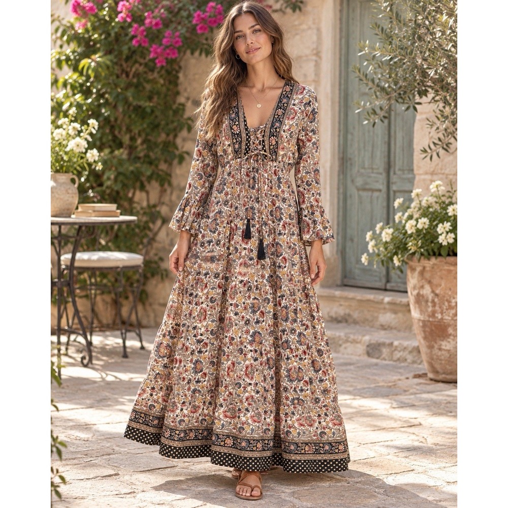 Boemo Anthropologie Maxi Dress M Lace Up Bodice Floral Boho Bell Sleeve Prairie